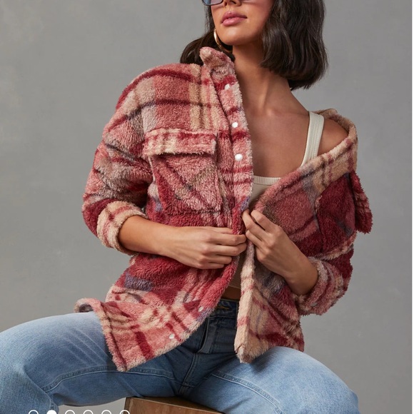 ViCI Plaid Shacket Teddy Soft Fall Jacket in Rose Pink Cream - Picture 10 of 11